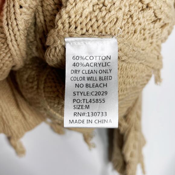 New Umgee Medium M Brown Sand Fringe Cableknit Crew Neck Sweater Pullover Cotton - Picture 7 of 9